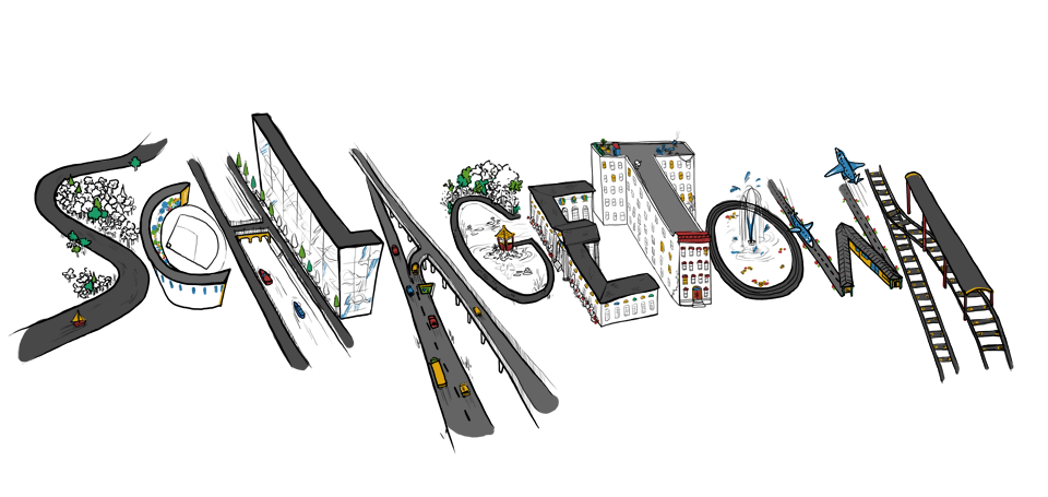 sketch of schlagetown, each letter illustrated in isometric style